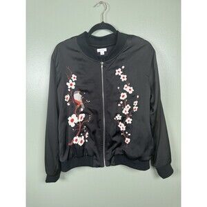 Xhilaration Satin Bomber Jacket Embroidered Bird Flowers Women’s Size X‎